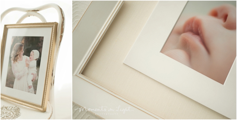 A framed photo from a Houston newborn baby studio photography session sits on a white chair. 