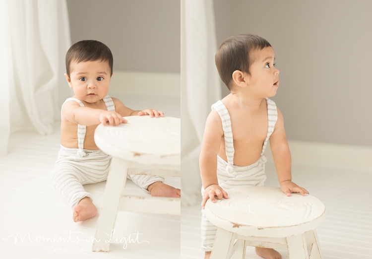 baby boy with white stool in Houston photo studio